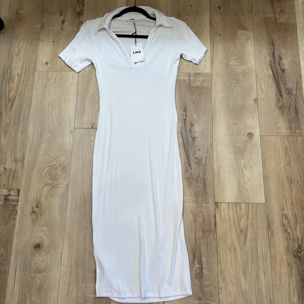 LNA Dress Womens Medium White Ribbed Collared Short Sleeve Bodycon Midi Casual